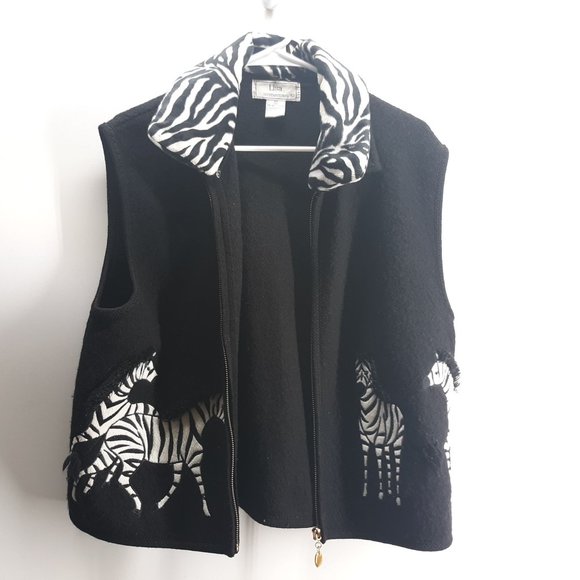 Lisa International Womens Size Large 100% Boiled Wool Full Zip Black Zebra Vest - Picture 6 of 12